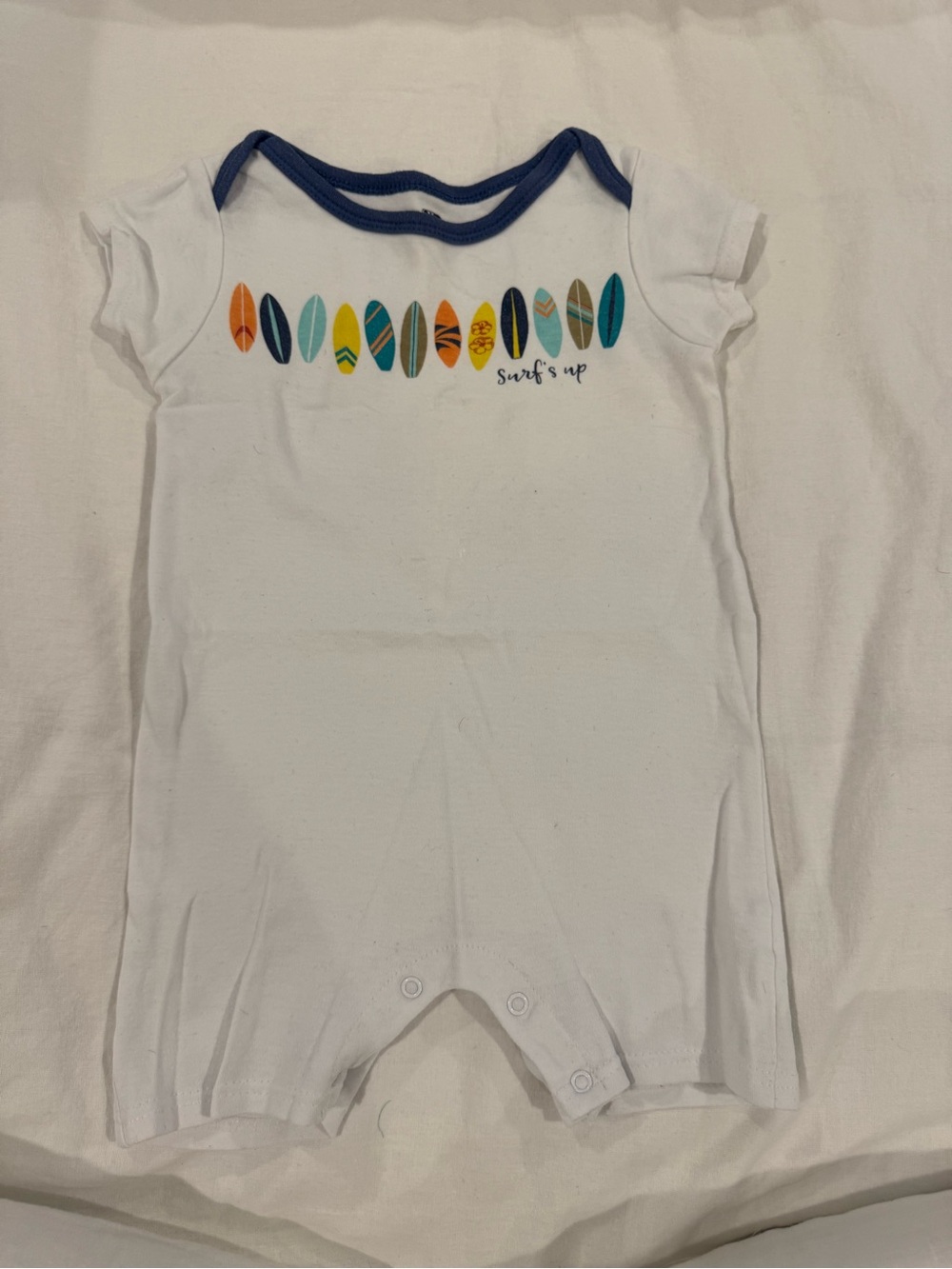 White Baby One-Piece with Surfboard Row and Navy Trim